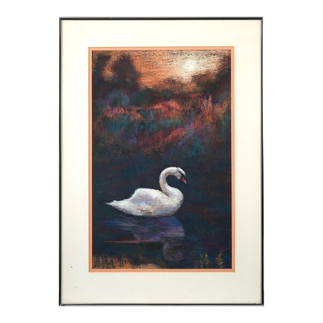 Vintage Original Pastel Swan Landscape by Calliopy Issackides, Framed For Sale