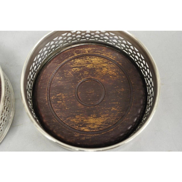 Silver Vintage English Victorian Wood & Silver Plated Bar Wine Bottle Coaster - A Pair For Sale - Image 8 of 11