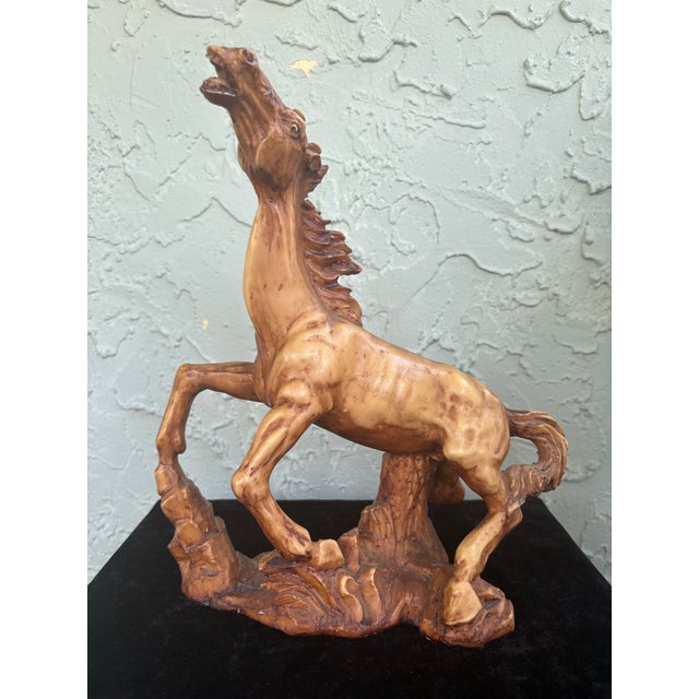 Mid-Century Modern Vintage Italian Rearing Horse Resin Sculpture by A. Giannetti – Faux Carved Wood Finish For Sale - Image 3 of 9