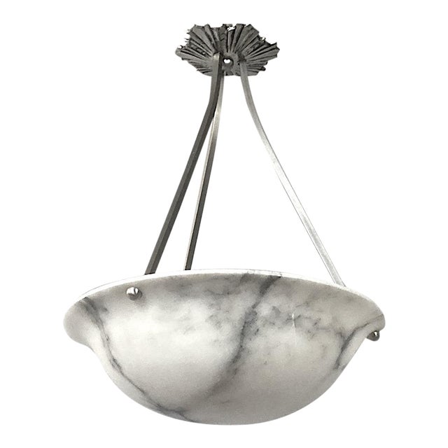 1920s French Alabaster Pendant in Black and White, Flared Edge, Nickel Hardware For Sale