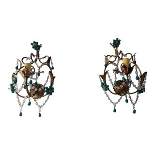 French Turquoise Green Murano Beads Rock Crystal Swags Sconces For Sale