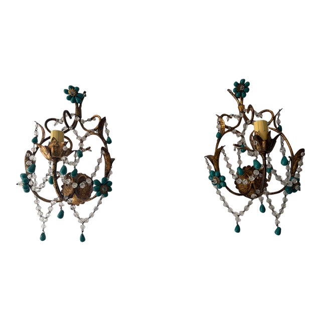 French Turquoise Green Murano Beads Rock Crystal Swags Sconces For Sale
