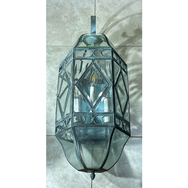 Green Large Verdigris Brass & Glass Wall Lantern / Scones a Timeless Piece of Art For Sale - Image 8 of 11