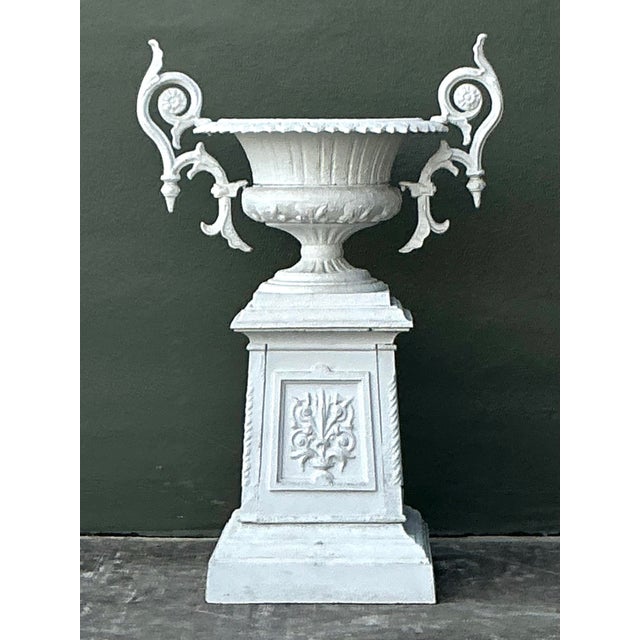 Vintage Regency Painted Wrought Iron Urn on Pedestal For Sale - Image 10 of 12