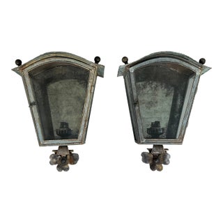 French Patinated Copper & Tole Wall Lanterns With Ball Finials - a Pair For Sale