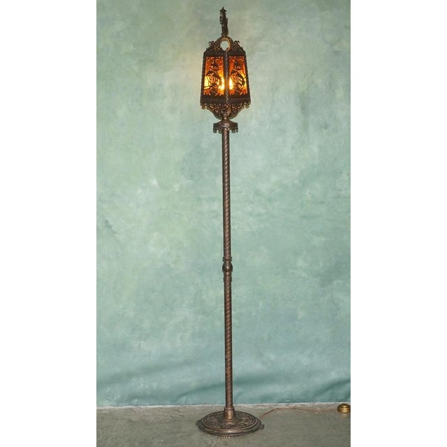American Gothic Revival Bronze and Amber Glass Ship Lantern Floor Lamps, 1920, Set of 2 For Sale - Image 3 of 18