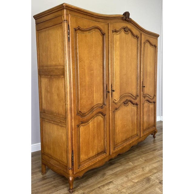 Vintage French Louis XVI Style Carved Oak 3-Door Armoire For Sale - Image 3 of 13