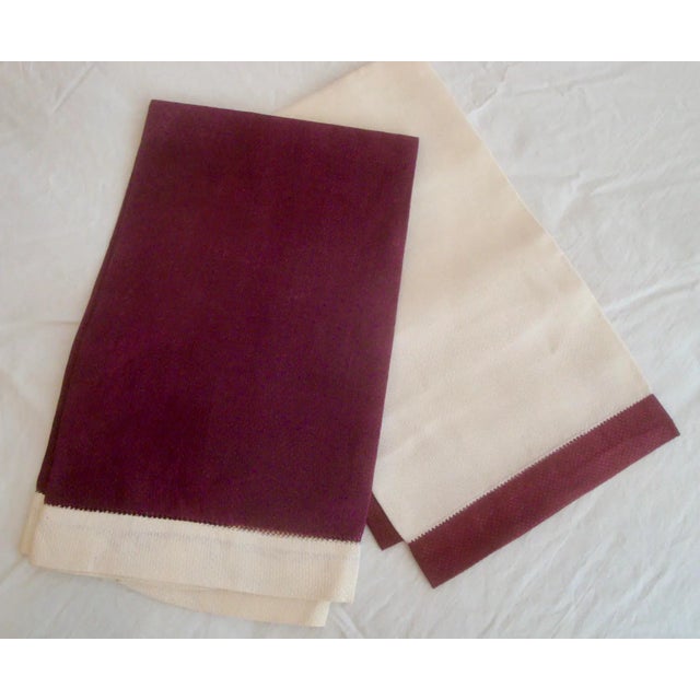 Mid-Century Modern 1940s Linen Hand Towels Maroon & Ivory Set of 3 For Sale - Image 3 of 11