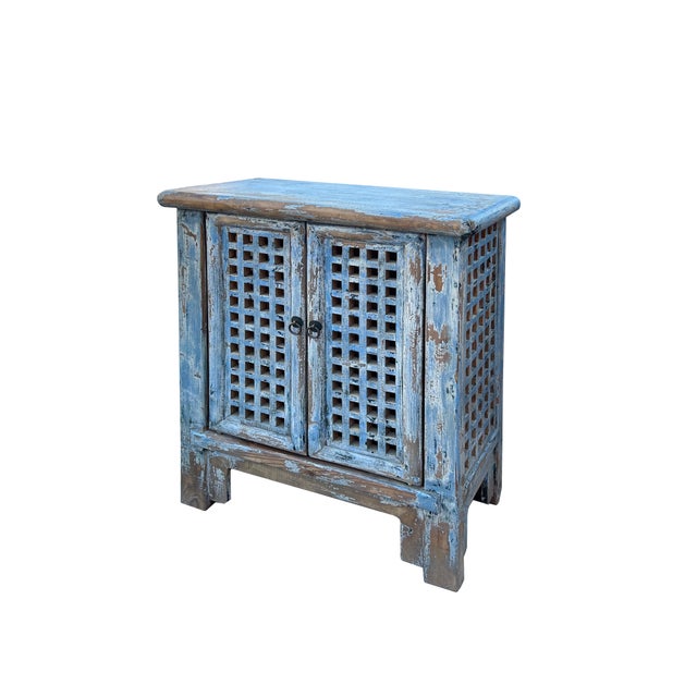 Rustic Distressed Ink Light Blue Grid Pattern Doors End Table Nightstand Cabinet For Sale - Image 3 of 5