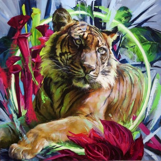 The Sumatran Tiger by Lindsey Kustusch | Oil on wood panel of a tiger among vibrant flowers For Sale