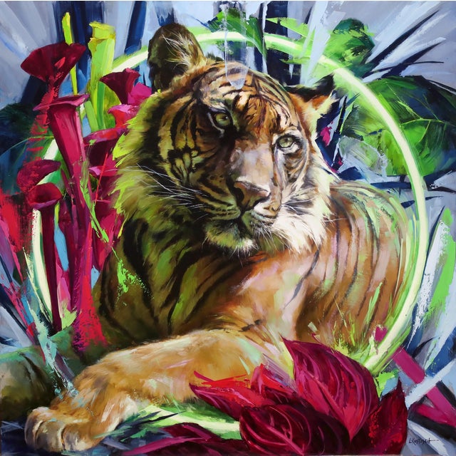The Sumatran Tiger by Lindsey Kustusch | Oil on wood panel of a tiger among vibrant flowers For Sale