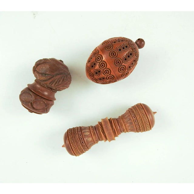 Brown Antique Carved Vegetable Ivory Tagua Needle & Thimble Cases - Set of 3 For Sale - Image 8 of 8