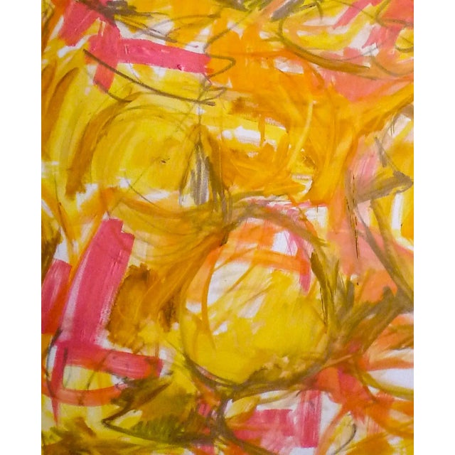 "Limelight" is an abstract expressionist oil painting on canvas by Trixie Pitts. The limited palette of bright yellow,...