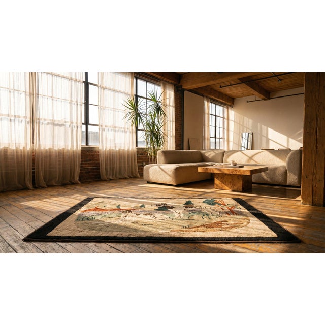 1930s Ivory Scene Animal Antique American Hooked Rug 2' 0" X 3' 6" Handknotted Wool Carpet For Sale - Image 12 of 14