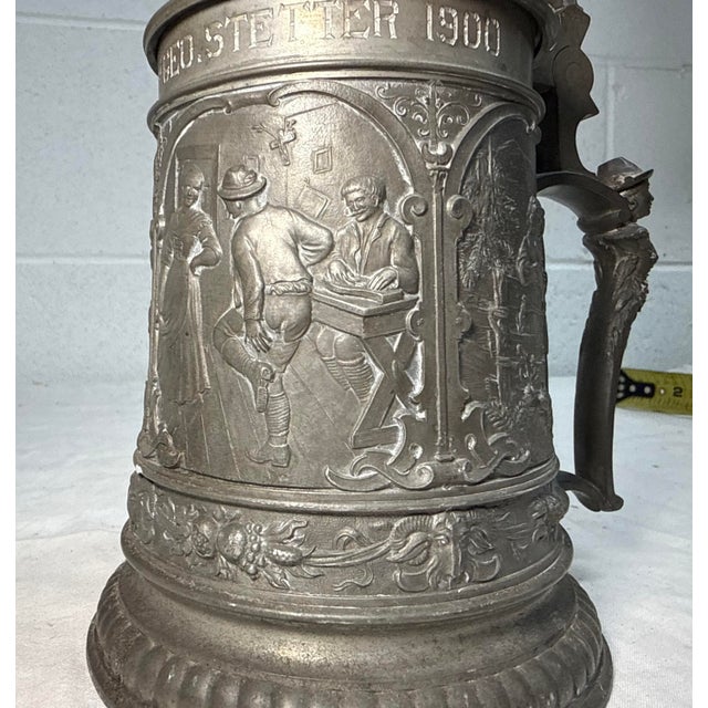 Antique Ornate 1900 Figural German Pewter Lidded Engraved Relief Beer Stein Mug For Sale - Image 10 of 15