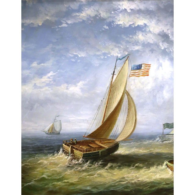 American Mid-Century American Marine Oil Painting of Sailing Vessels Signed C. Parker For Sale - Image 3 of 10
