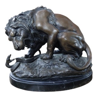 Antoine Louis Barye, Lion and Serpent, Bronze on Marble Base, 1800s For Sale