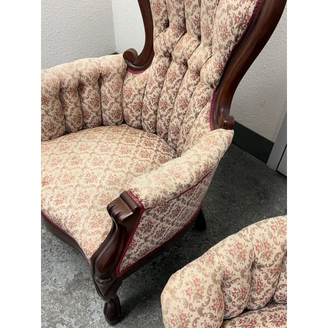 Wood American Furniture Galleries Victorian Rococo Revival Gentleman’s + Lady’s Parlor Chairs, 1970s For Sale - Image 7 of 13