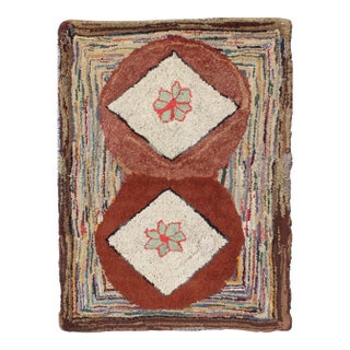Very Unique Antique Multicolor American Hooked Rug in Brown For Sale