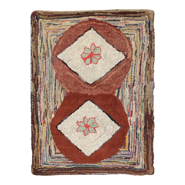 Very Unique Antique Multicolor American Hooked Rug in Brown For Sale