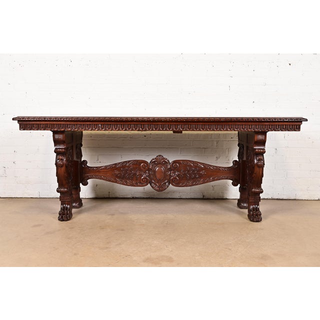 Victorian R. J. Horner Style Antique Italian Renaissance Carved Walnut Desk or Library Table With Lion Paw Feet, Circa 1890s For Sale - Image 3 of 11