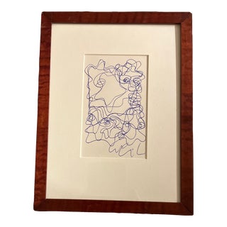 1980’s Original Vintage Wayne Cunningham Small Abstract Blue Ink Drawing Burled Wood Frame Signed For Sale