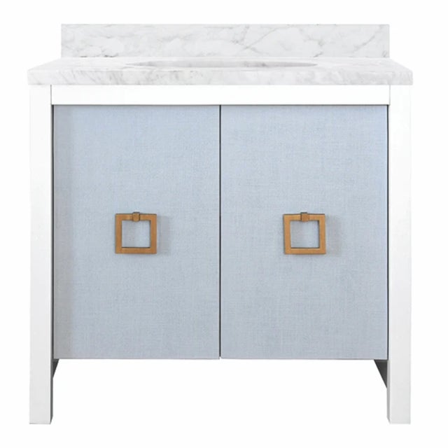 Textile Matthew Izzo Home April Light Blue Textured Linen and Matte White Lacquer Single Sink Bath Vanity With Antique Brass Hardware For Sale - Image 7 of 7