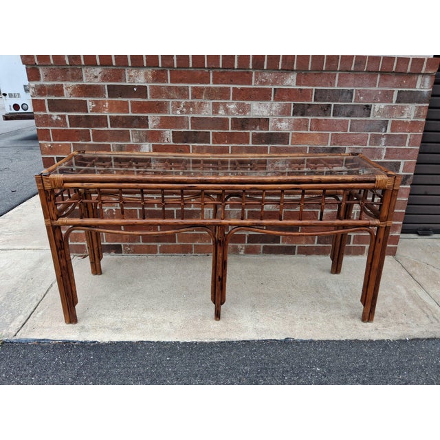 Large Mid Century Boho Chic Rattan Console Table With Glass Top. For Sale In Orlando - Image 6 of 10