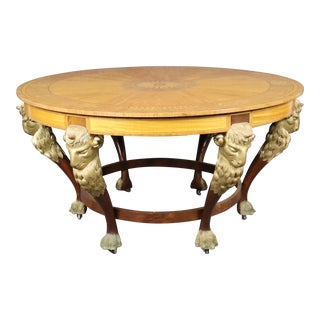 Monumental Satinwood Carved Gilded Rams Head 62 Inch Circular Center Table For Sale