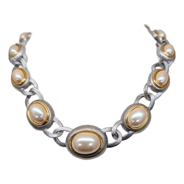 Vintage 1990s Signed Monet Rhodium Plated Faux-Pearl Link Collar Necklace For Sale