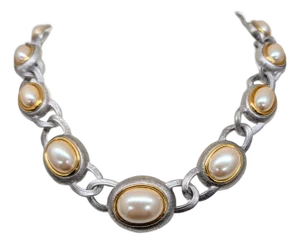 Vintage 1990s Signed Monet Rhodium Plated Faux-Pearl Link Collar Necklace