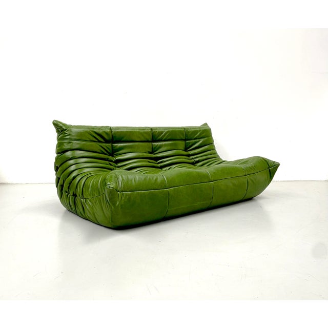 French Three-Seater Togo Sofa in Forest Green Leather attributed to Michel Ducaroy for Ligne Roset For Sale - Image 11 of 11