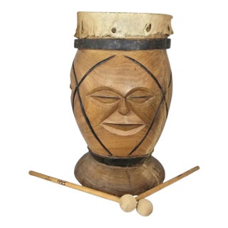 Hand Carved Wood African Drum With Animal Hide Cover For Sale