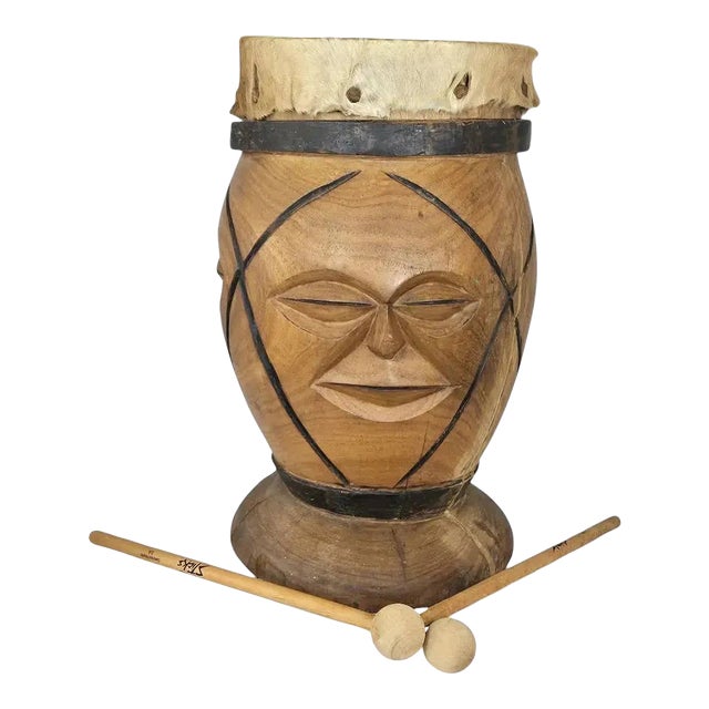 Hand Carved Wood African Drum With Animal Hide Cover For Sale