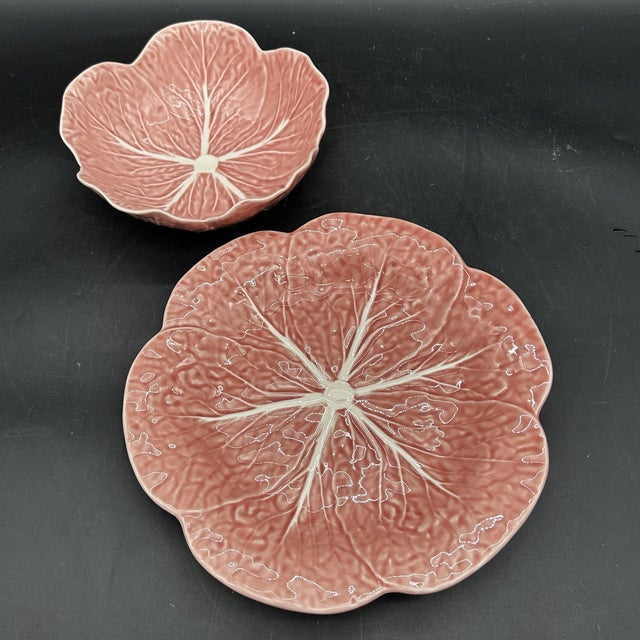 Mid-Century Modern Vintage Bordallo Pinheiro Majolica Cabbage Leaf Bowl & Salad Plate Set For Sale - Image 3 of 4