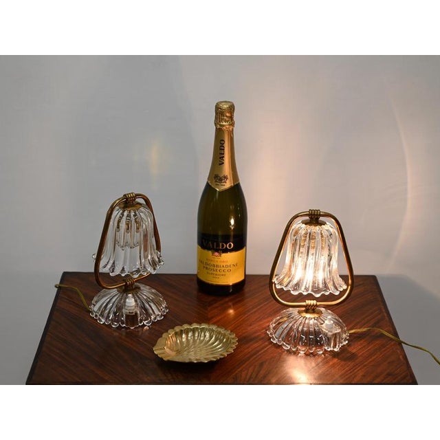 Murano Glass Bell and Brass Table Lamps from Barovier, Italy, 1940s, Set of 2 For Sale - Image 3 of 16
