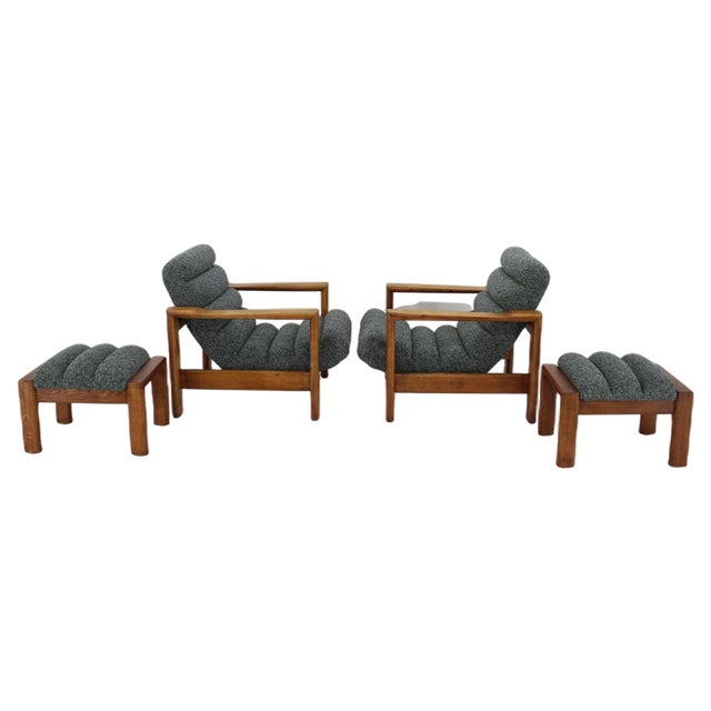 Oak Armchairs with Stools, Finland, 1960s, Set of 4 For Sale