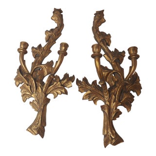 1940s Pair Gold Wooden Candle Sconces For Sale