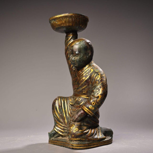 Art Deco Vintage Bronze Oil Lamp With Gold Inlay - Kneeling Boy Figure For Sale - Image 3 of 10