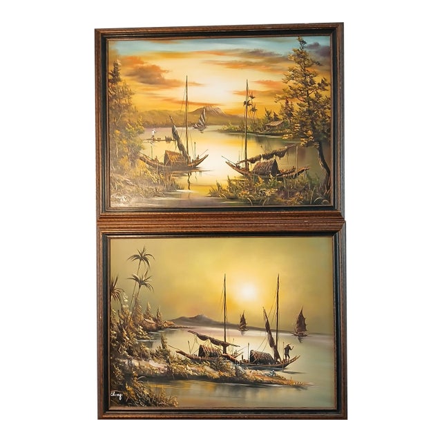 1970s Chinese Junks in a Cove, Evening - A Pair of Oils on Canvas by Chang For Sale