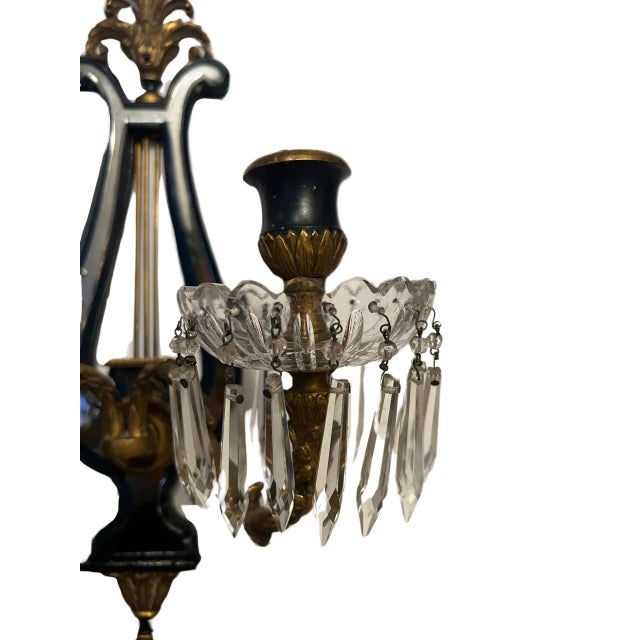 Pair, Regency Style Mirrored Crystal, Gilt & Painted Tole Two-Light Sconces For Sale - Image 9 of 12