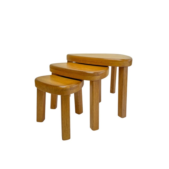 Mid-Century Modern Triangular Oak Nesting Tables from Pierre Chapo, 1970s, Set of 3 For Sale - Image 3 of 12