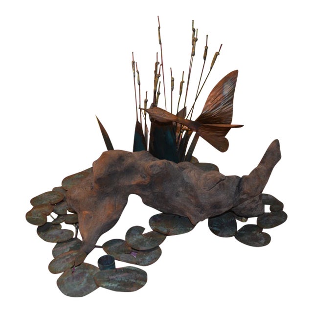 Mid Century Copper / Aqua Patina Metal Goose W/ Reeds & Lilly Pads Sculpture Candle Holder For Sale