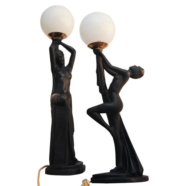 Art Deco Ebonized Plaster Nude Feminine Form Table Lamps, 1930s, Set of 2 For Sale - Image 12 of 12