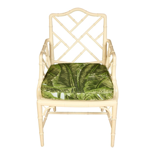 Mid 20th Century Set of Four White Vintage Bamboo Chairs with Meg Braff Fabric Cushion For Sale - Image 5 of 5