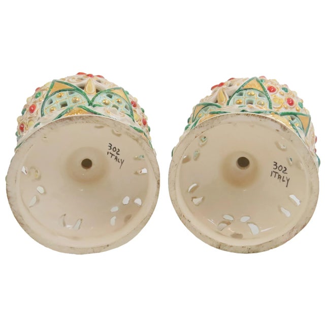 Antique Italian Polychrome and Gilt Embossed Reticulated Majolica Jewel Urns - a Pair For Sale - Image 11 of 13