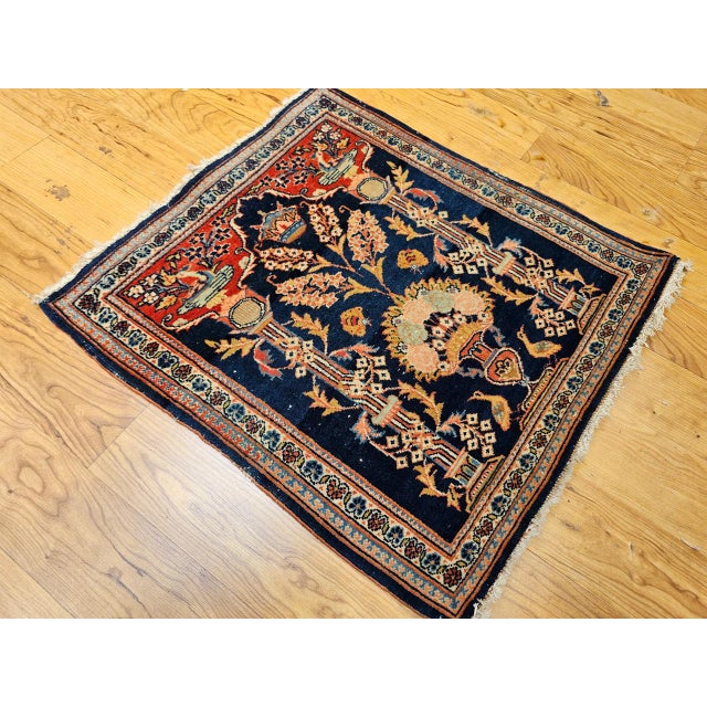 Vintage Persian Kashan Pictorial Rug, Hand-Knotted Wool, Floral Vase Pattern, Navy & Red, 2x2 For Sale In Chicago - Image 6 of 15
