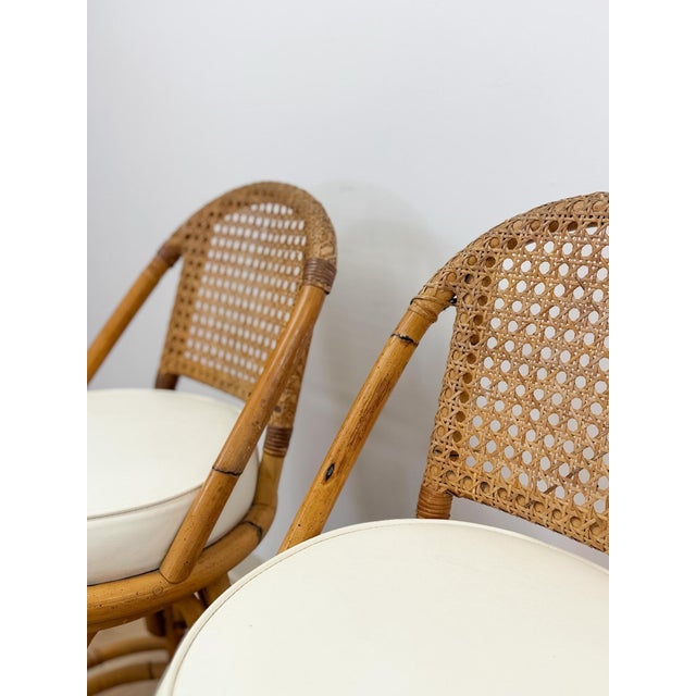 Mid 20th Century Vintage Coastal Hollywood Regency Caned Rattan Swivel Barstools Counter Height For Sale - Image 5 of 13