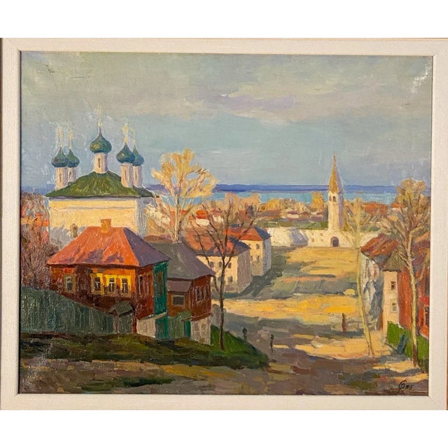 A charming vintage painting of a Russian church, circa 1995. Signed indistinctly with monogram.