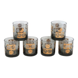 Coins of the World Lowball Bar Glass Set 6pc Black With 22k Gold Design 4920b For Sale